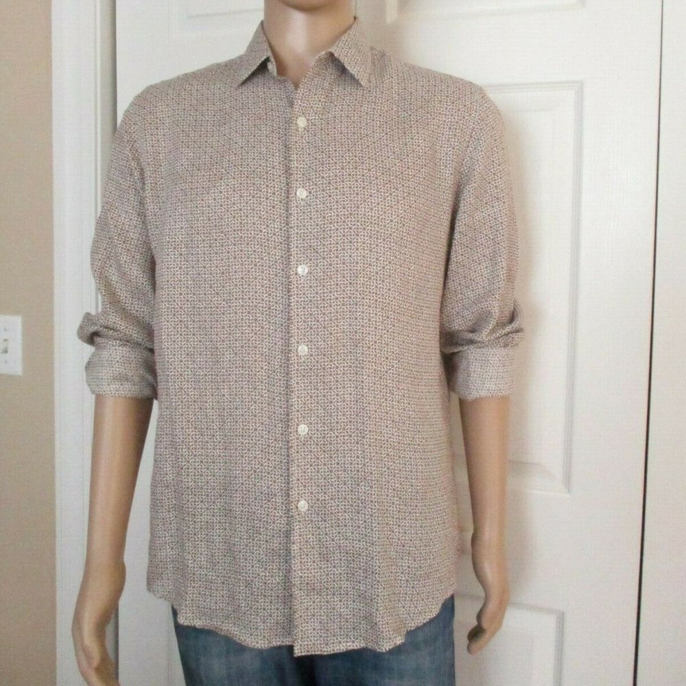Linen Shirt sz M Neutral Beige Roll Tab Sleeves EUC